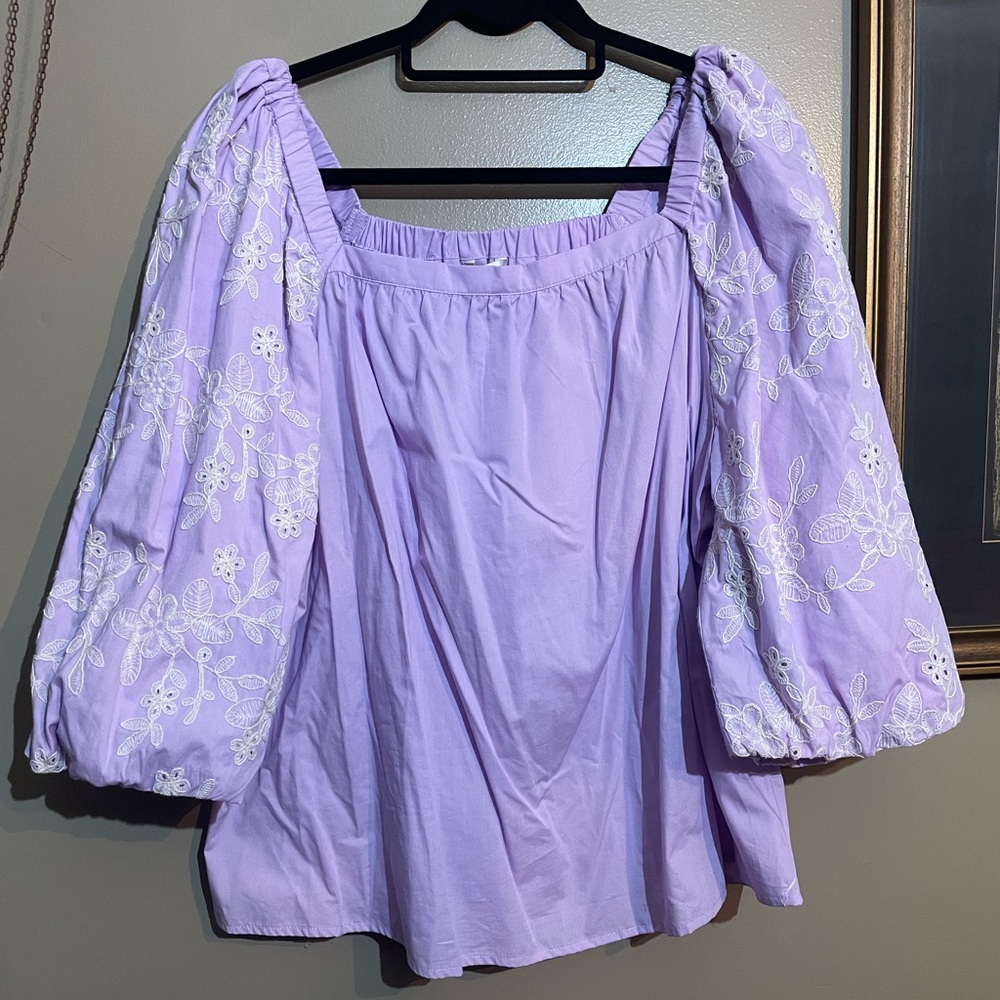 Cato Lavender Embroidered Puff-Sleeve Peasant Top